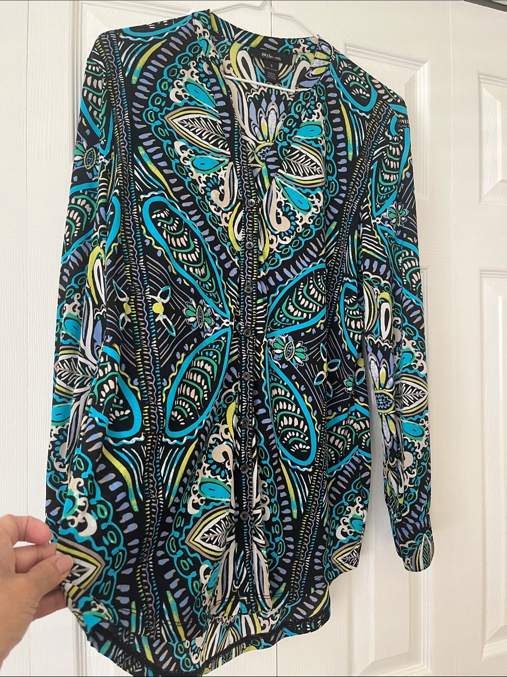 Style & Co. Teal Blue Black Printed V-Neck Tunic - Picture 4 of 5